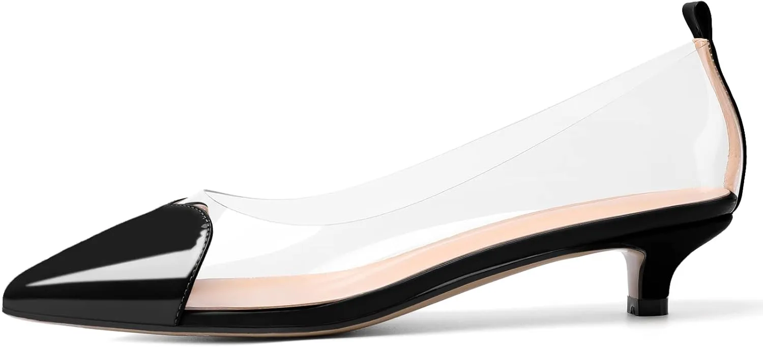 YODEKS Women Clear Heels Low Kitten Heel Pumps Slip On 1.5 Inch Pointed Cap Toe Dress Shoes