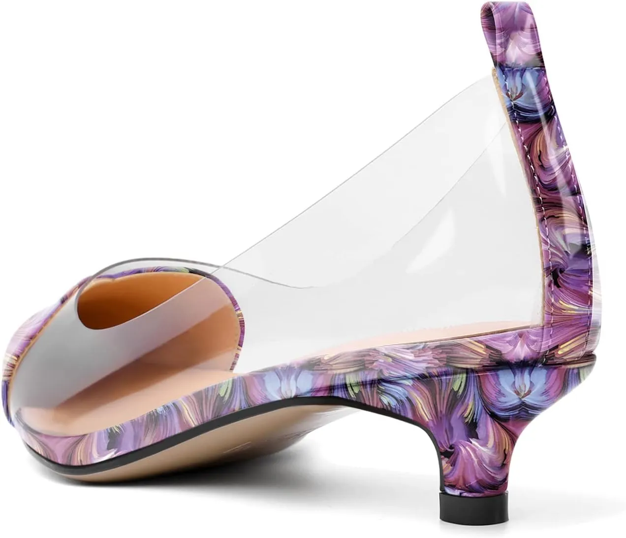 YODEKS Women Clear Heels Low Kitten Heel Pumps Slip On 1.5 Inch Pointed Cap Toe Dress Shoes