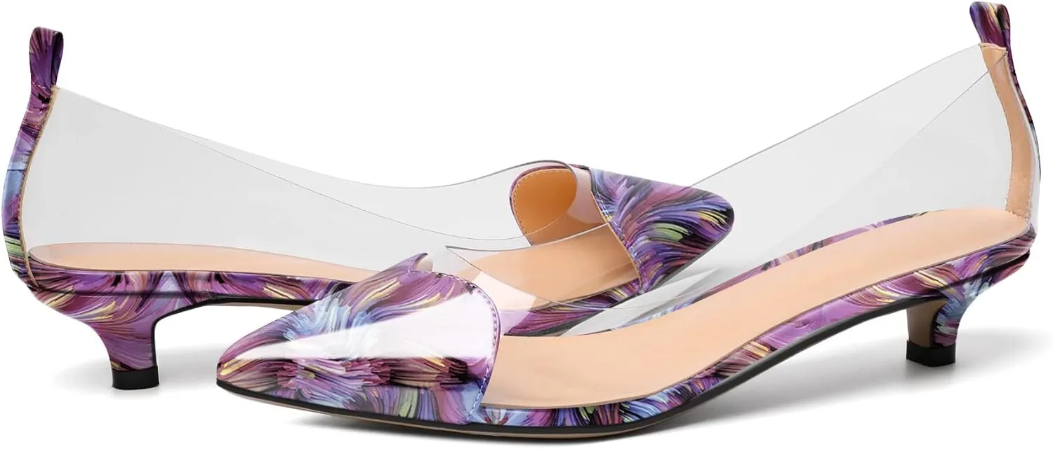 YODEKS Women Clear Heels Low Kitten Heel Pumps Slip On 1.5 Inch Pointed Cap Toe Dress Shoes