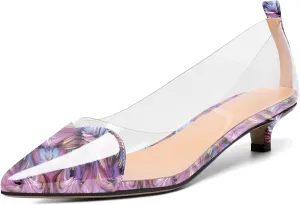 YODEKS Women Clear Heels Low Kitten Heel Pumps Slip On 1.5 Inch Pointed Cap Toe Dress Shoes