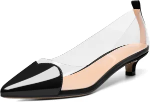 YODEKS Women Clear Heels Low Kitten Heel Pumps Slip On 1.5 Inch Pointed Cap Toe Dress Shoes