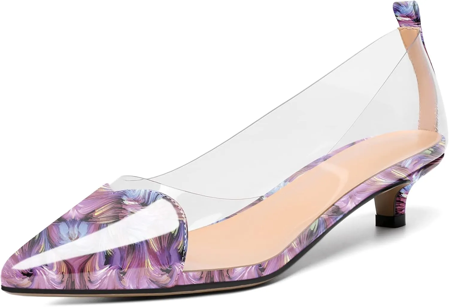 YODEKS Women Clear Heels Low Kitten Heel Pumps Slip On 1.5 Inch Pointed Cap Toe Dress Shoes