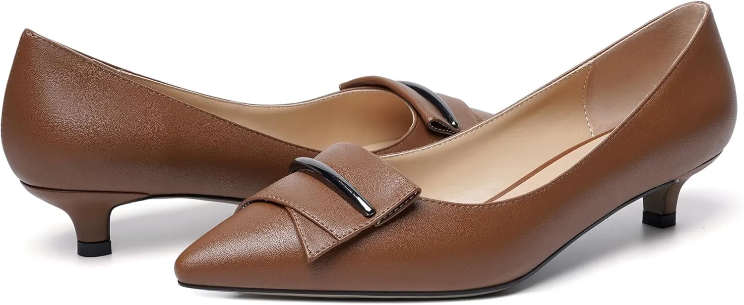 YODEKS Women Low Kitten Heel Pumps Pointed Toe Slip On 1.5 Inch Closed Toe Buckle Bow Comfort Shoes for Wedding Office Evening