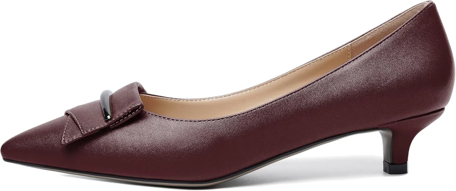 YODEKS Women Low Kitten Heel Pumps Pointed Toe Slip On 1.5 Inch Closed Toe Buckle Bow Comfort Shoes for Wedding Office Evening