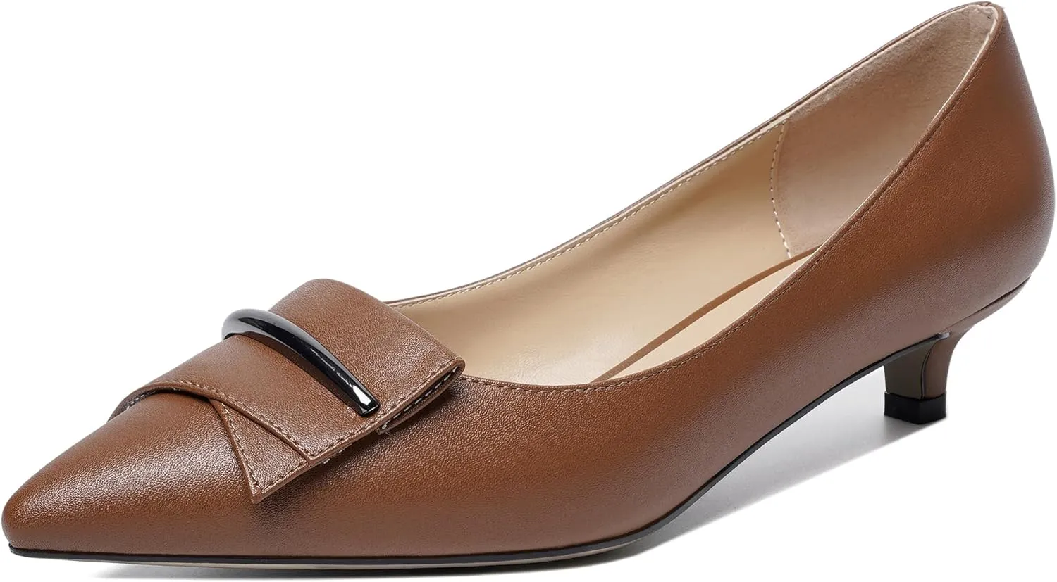 YODEKS Women Low Kitten Heel Pumps Pointed Toe Slip On 1.5 Inch Closed Toe Buckle Bow Comfort Shoes for Wedding Office Evening