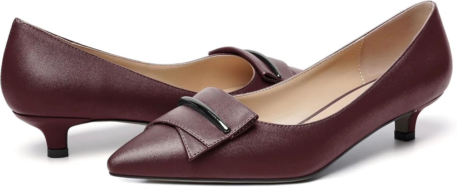 YODEKS Women Low Kitten Heel Pumps Pointed Toe Slip On 1.5 Inch Closed Toe Buckle Bow Comfort Shoes for Wedding Office Evening