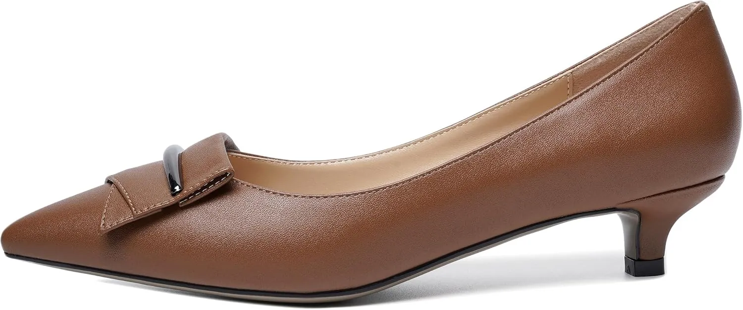 YODEKS Women Low Kitten Heel Pumps Pointed Toe Slip On 1.5 Inch Closed Toe Buckle Bow Comfort Shoes for Wedding Office Evening