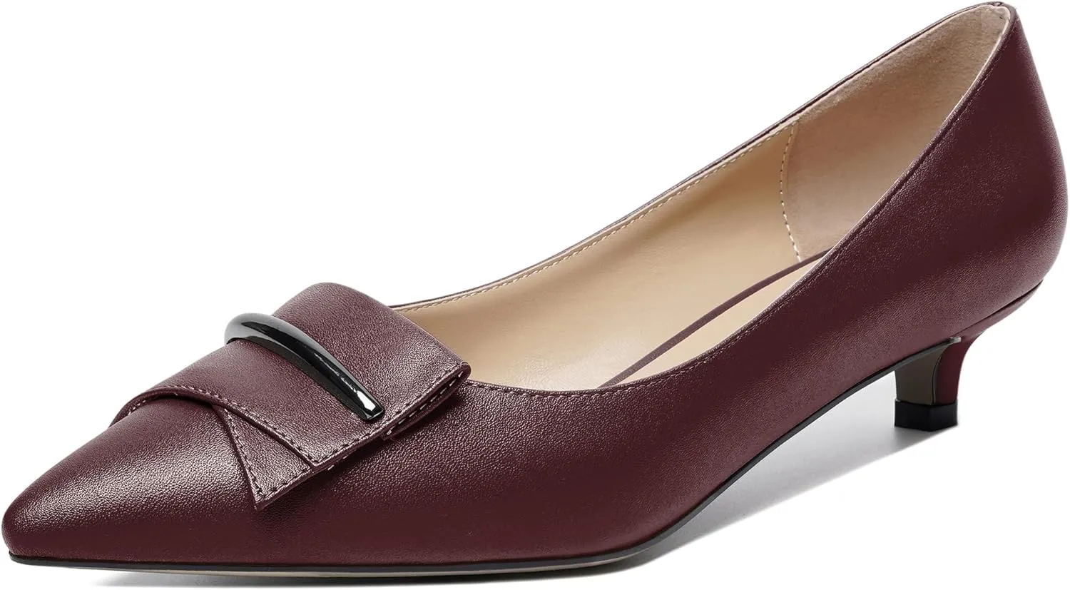 YODEKS Women Low Kitten Heel Pumps Pointed Toe Slip On 1.5 Inch Closed Toe Buckle Bow Comfort Shoes for Wedding Office Evening