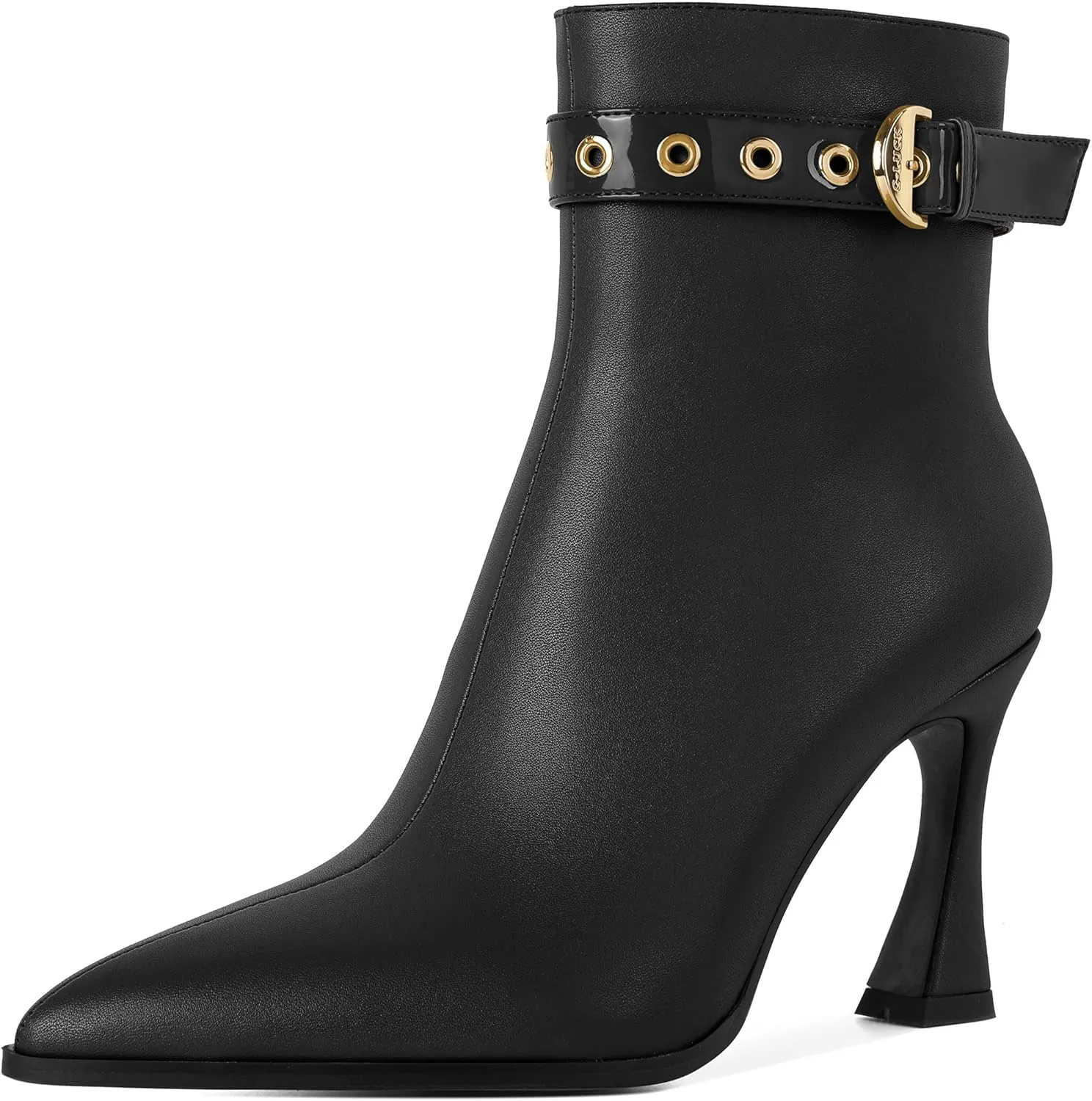 Zamikoo Stiletto Ankle Boots for Women Pointed Toe Fall Short Heel Booties Buckle Strap Side Zipper 3.5 Inches Leather Black US Size 10
