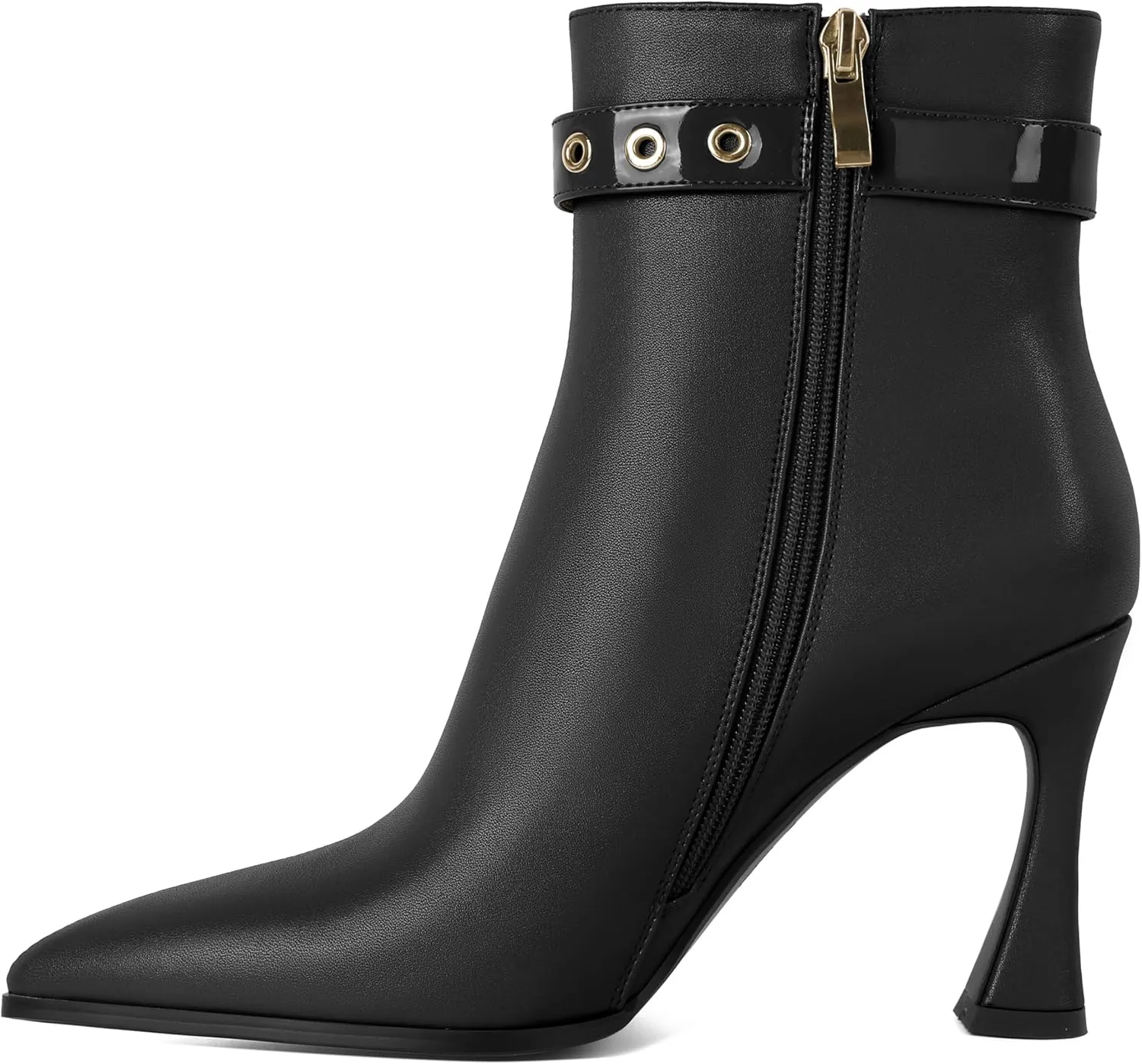 Zamikoo Stiletto Ankle Boots for Women Pointed Toe Fall Short Heel Booties Buckle Strap Side Zipper 3.5 Inches Leather Black US Size 10