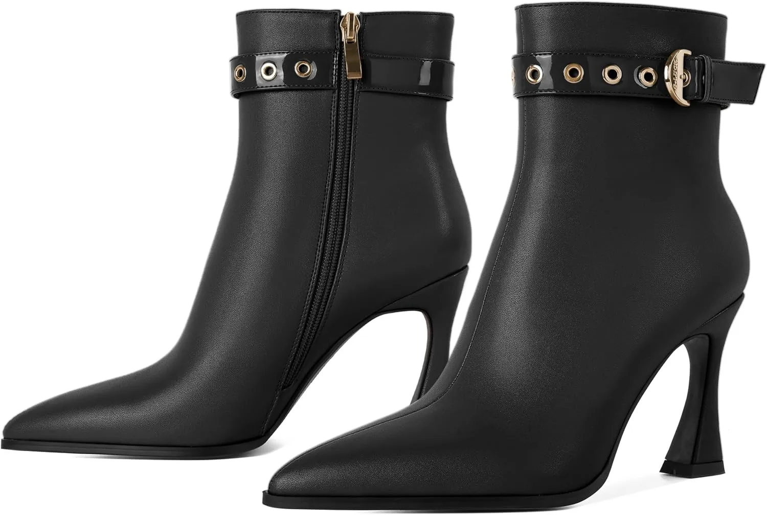 Zamikoo Stiletto Ankle Boots for Women Pointed Toe Fall Short Heel Booties Buckle Strap Side Zipper 3.5 Inches Leather Black US Size 10