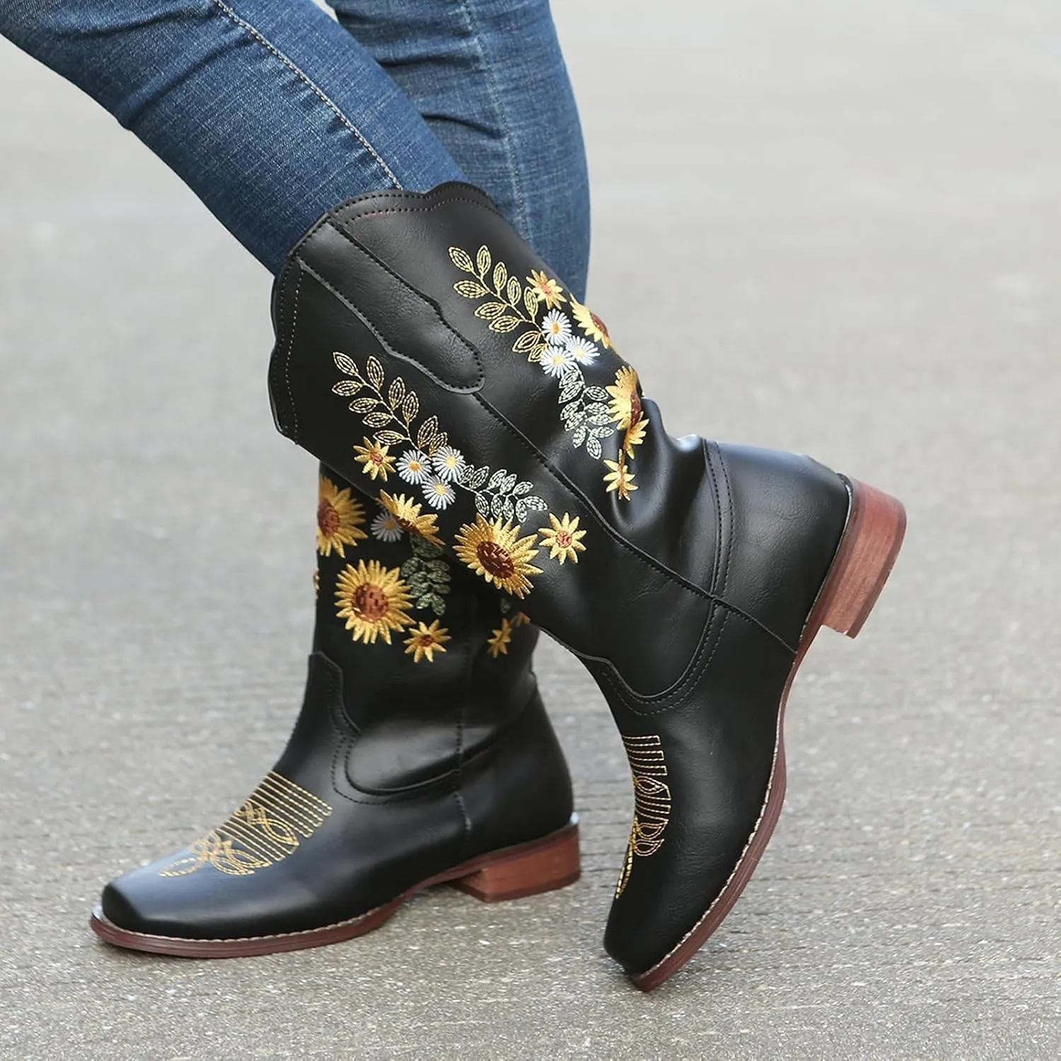 ZBYY Cowboy Boots for Women Pointy Toe Low Chunky Heel Cowgirl Boots Winter Sunflower Embroidered Knee High Western Boots