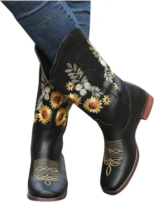 ZBYY Cowboy Boots for Women Pointy Toe Low Chunky Heel Cowgirl Boots Winter Sunflower Embroidered Knee High Western Boots