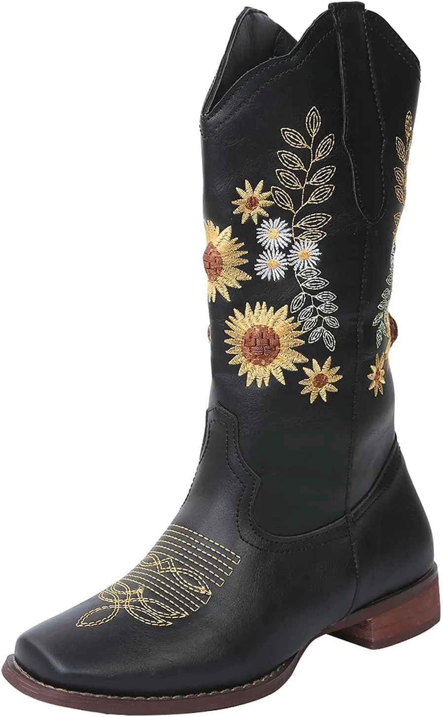 ZBYY Cowboy Boots for Women Pointy Toe Low Chunky Heel Cowgirl Boots Winter Sunflower Embroidered Knee High Western Boots