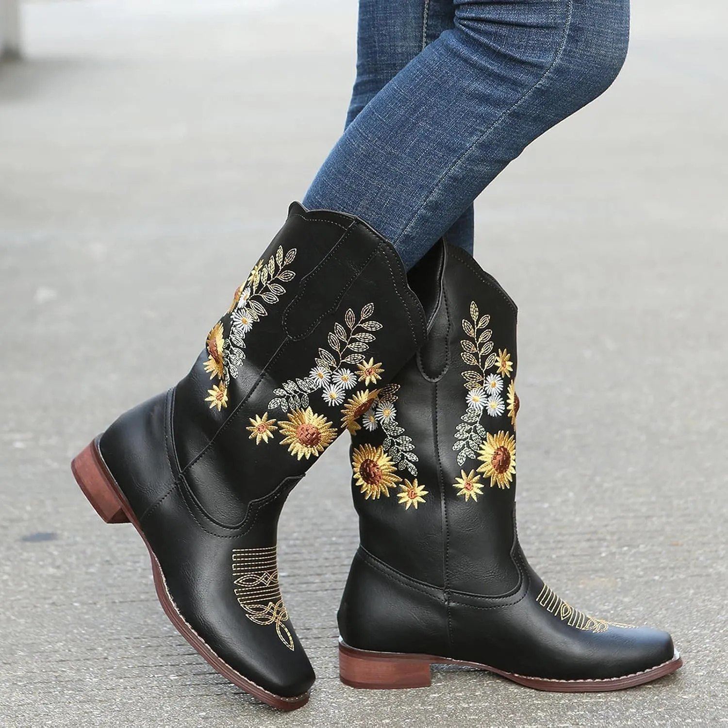 ZBYY Cowboy Boots for Women Pointy Toe Low Chunky Heel Cowgirl Boots Winter Sunflower Embroidered Knee High Western Boots