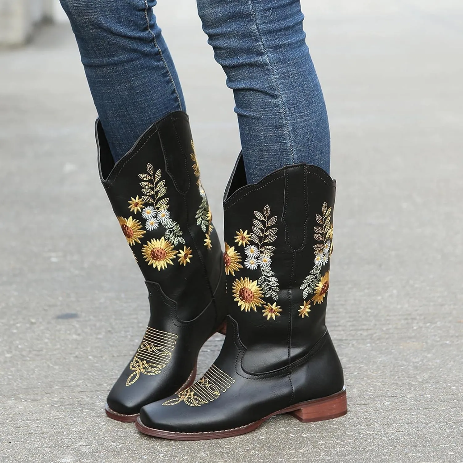 ZBYY Cowboy Boots for Women Pointy Toe Low Chunky Heel Cowgirl Boots Winter Sunflower Embroidered Knee High Western Boots