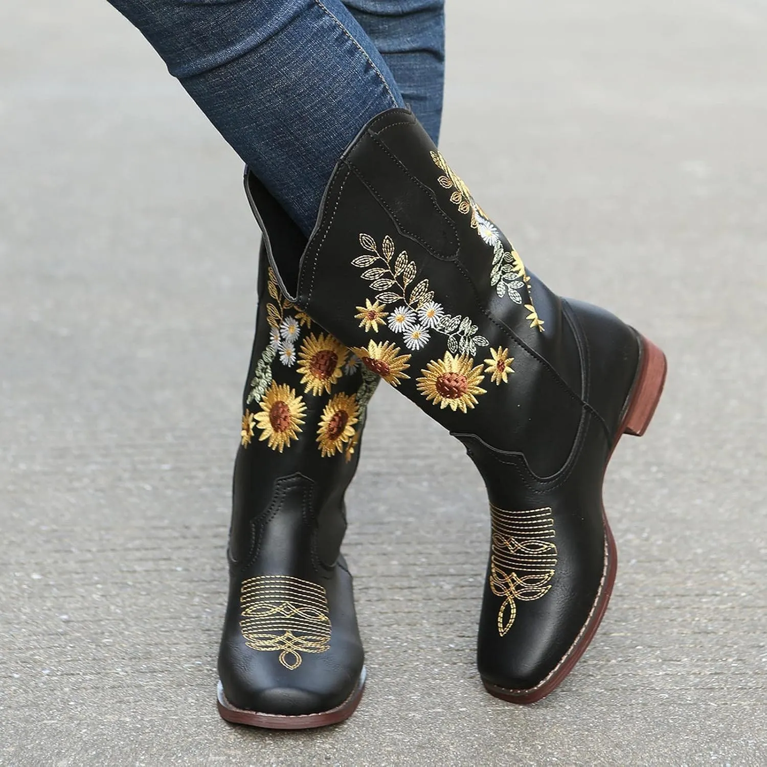 ZBYY Cowboy Boots for Women Pointy Toe Low Chunky Heel Cowgirl Boots Winter Sunflower Embroidered Knee High Western Boots