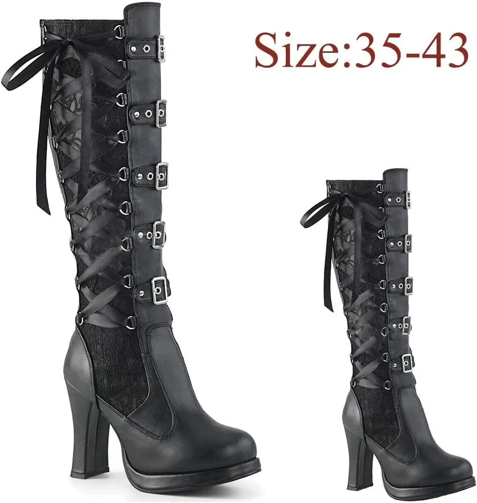 ZBYY Women's Chunky Heel Knee High Boots Vintage Punk Gothic Round Toe Lace up Ankle Buckle Chunky High Heel Platform Knight Boots