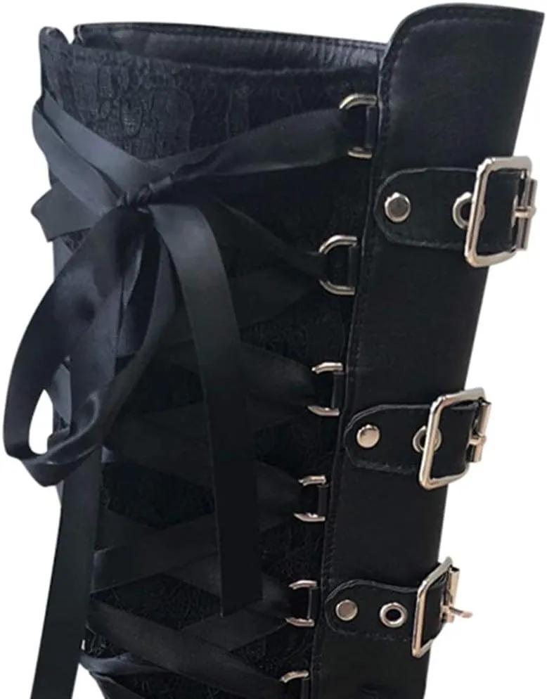 ZBYY Women's Chunky Heel Knee High Boots Vintage Punk Gothic Round Toe Lace up Ankle Buckle Chunky High Heel Platform Knight Boots