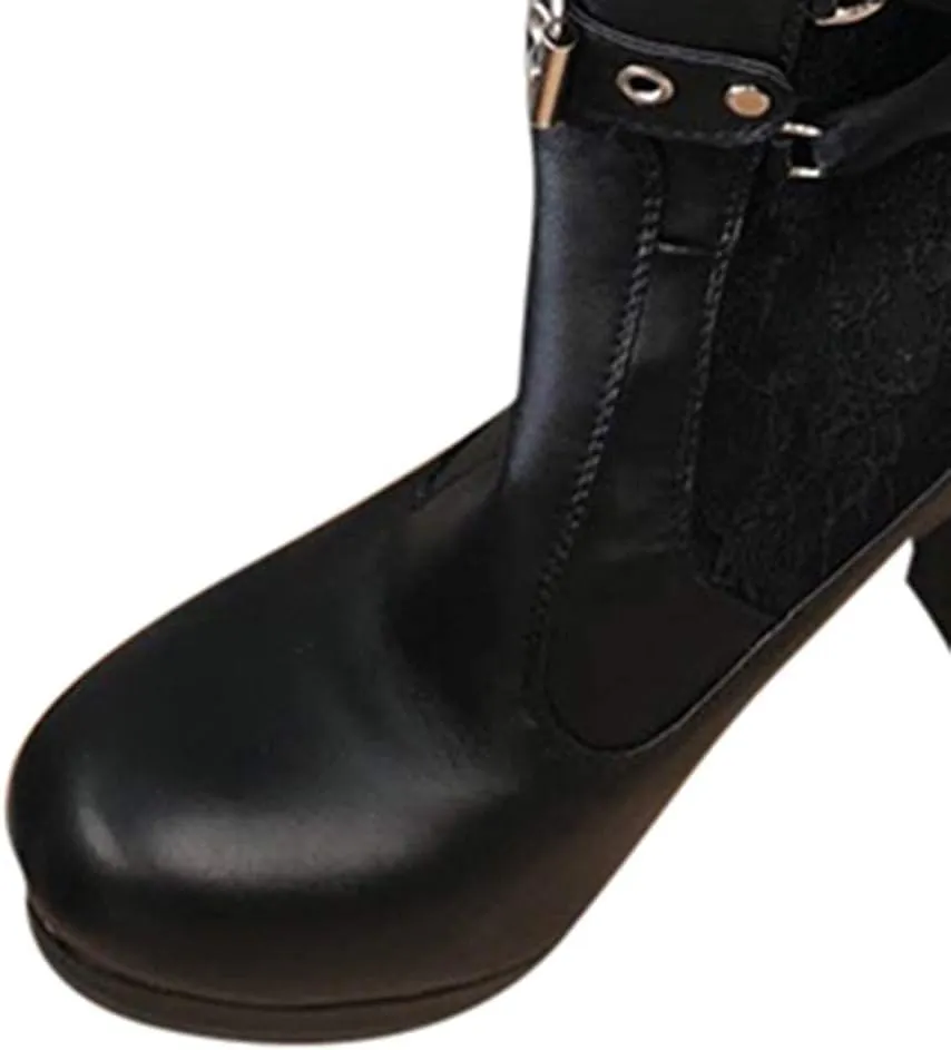 ZBYY Women's Chunky Heel Knee High Boots Vintage Punk Gothic Round Toe Lace up Ankle Buckle Chunky High Heel Platform Knight Boots