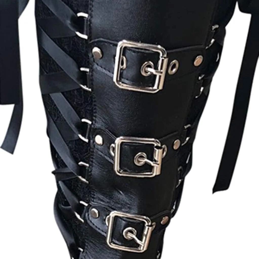 ZBYY Women's Chunky Heel Knee High Boots Vintage Punk Gothic Round Toe Lace up Ankle Buckle Chunky High Heel Platform Knight Boots