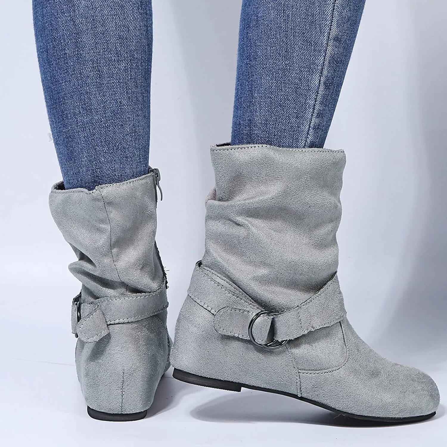 ZBYY Womens Mid-Calf Slouchy Suede Slip On Casual Boots with Side Zipper Fashion Comfort Outdoor Wedges Snow Boots