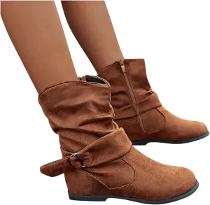 ZBYY Womens Mid-Calf Slouchy Suede Slip On Casual Boots with Side Zipper Fashion Comfort Outdoor Wedges Snow Boots