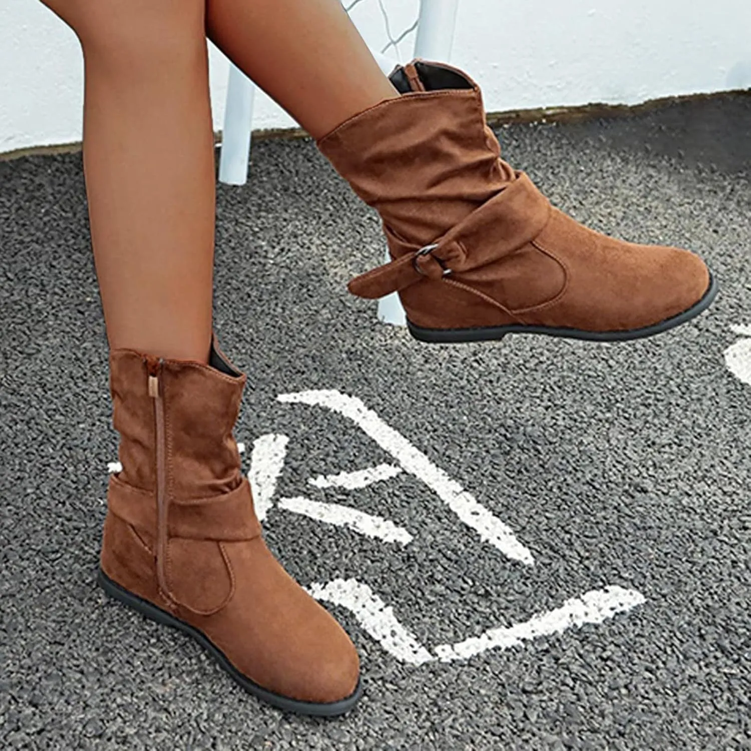 ZBYY Womens Mid-Calf Slouchy Suede Slip On Casual Boots with Side Zipper Fashion Comfort Outdoor Wedges Snow Boots