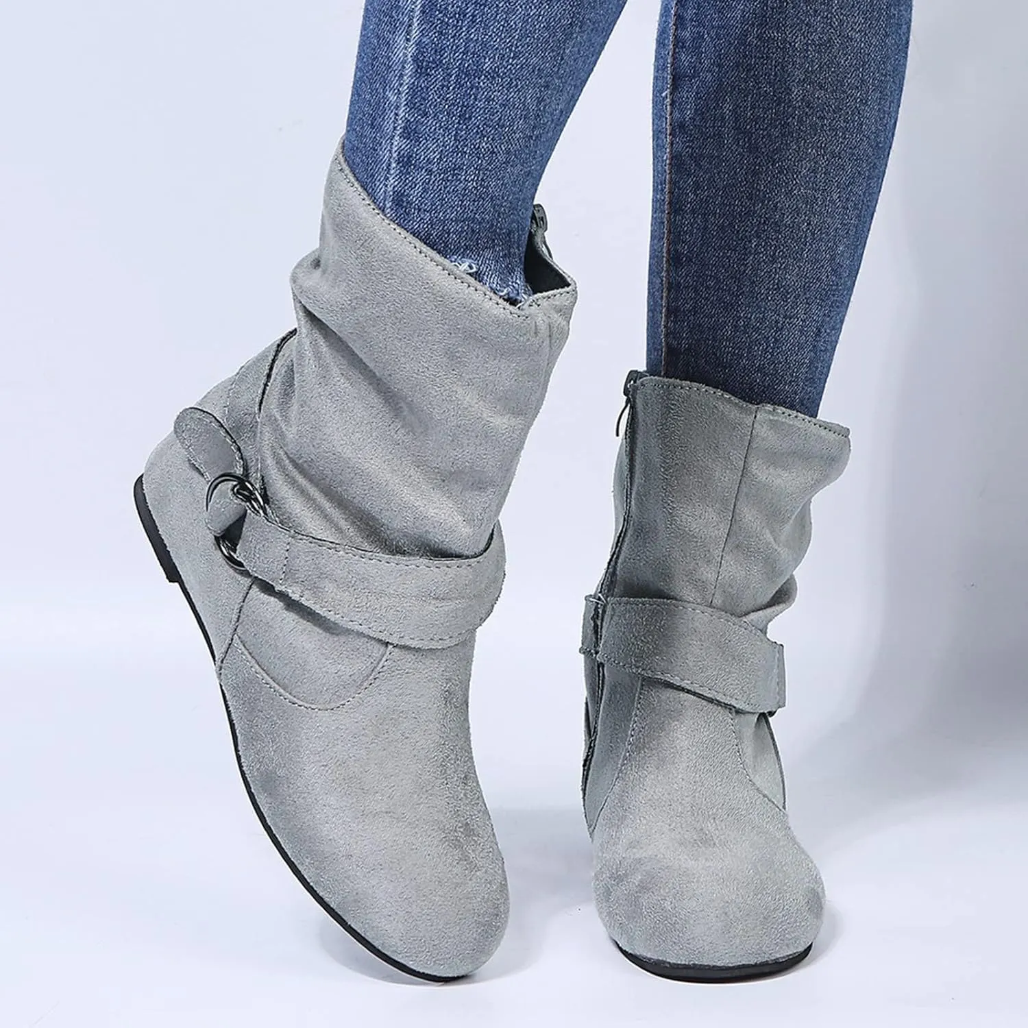 ZBYY Womens Mid-Calf Slouchy Suede Slip On Casual Boots with Side Zipper Fashion Comfort Outdoor Wedges Snow Boots