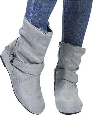 ZBYY Womens Mid-Calf Slouchy Suede Slip On Casual Boots with Side Zipper Fashion Comfort Outdoor Wedges Snow Boots