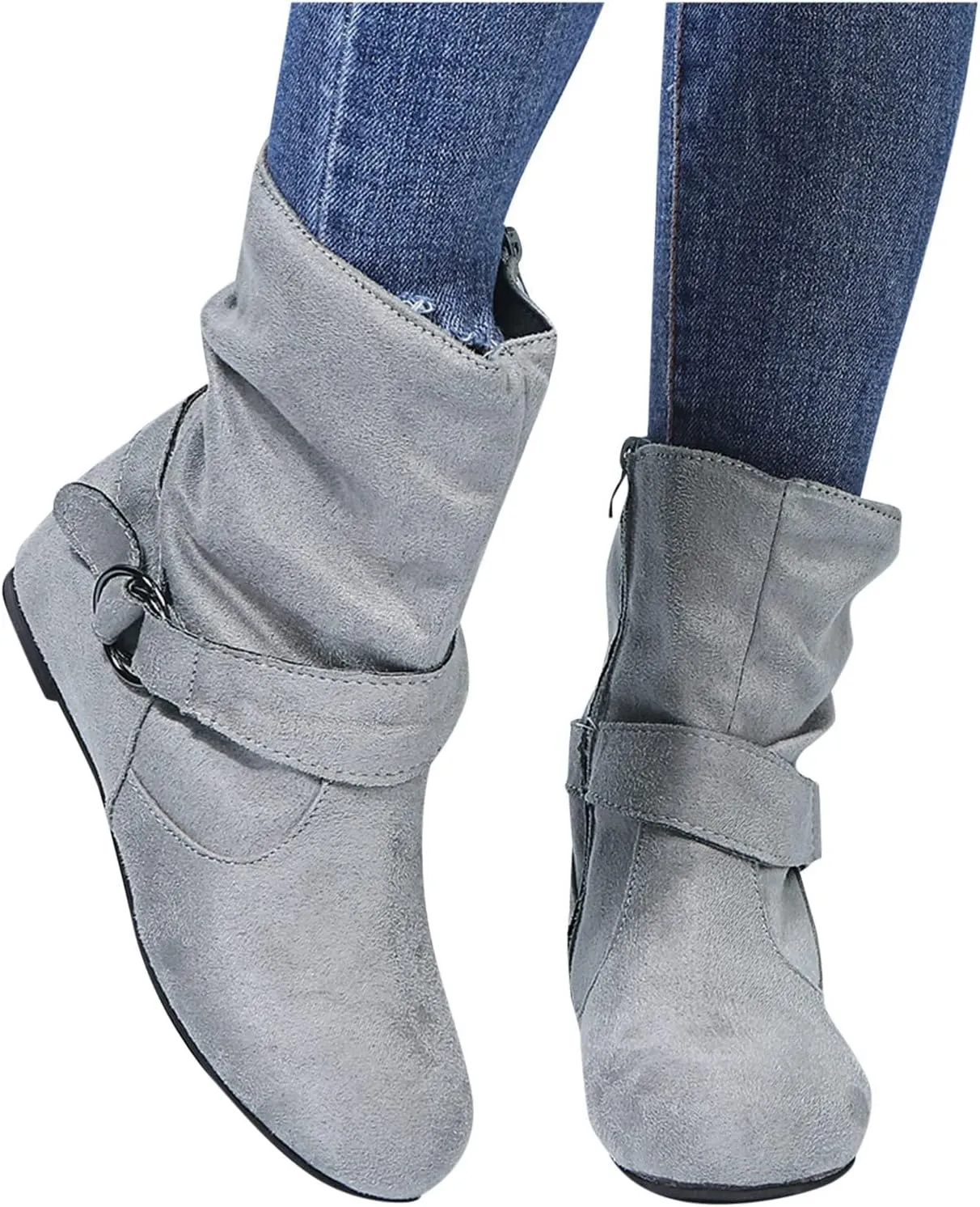 ZBYY Womens Mid-Calf Slouchy Suede Slip On Casual Boots with Side Zipper Fashion Comfort Outdoor Wedges Snow Boots