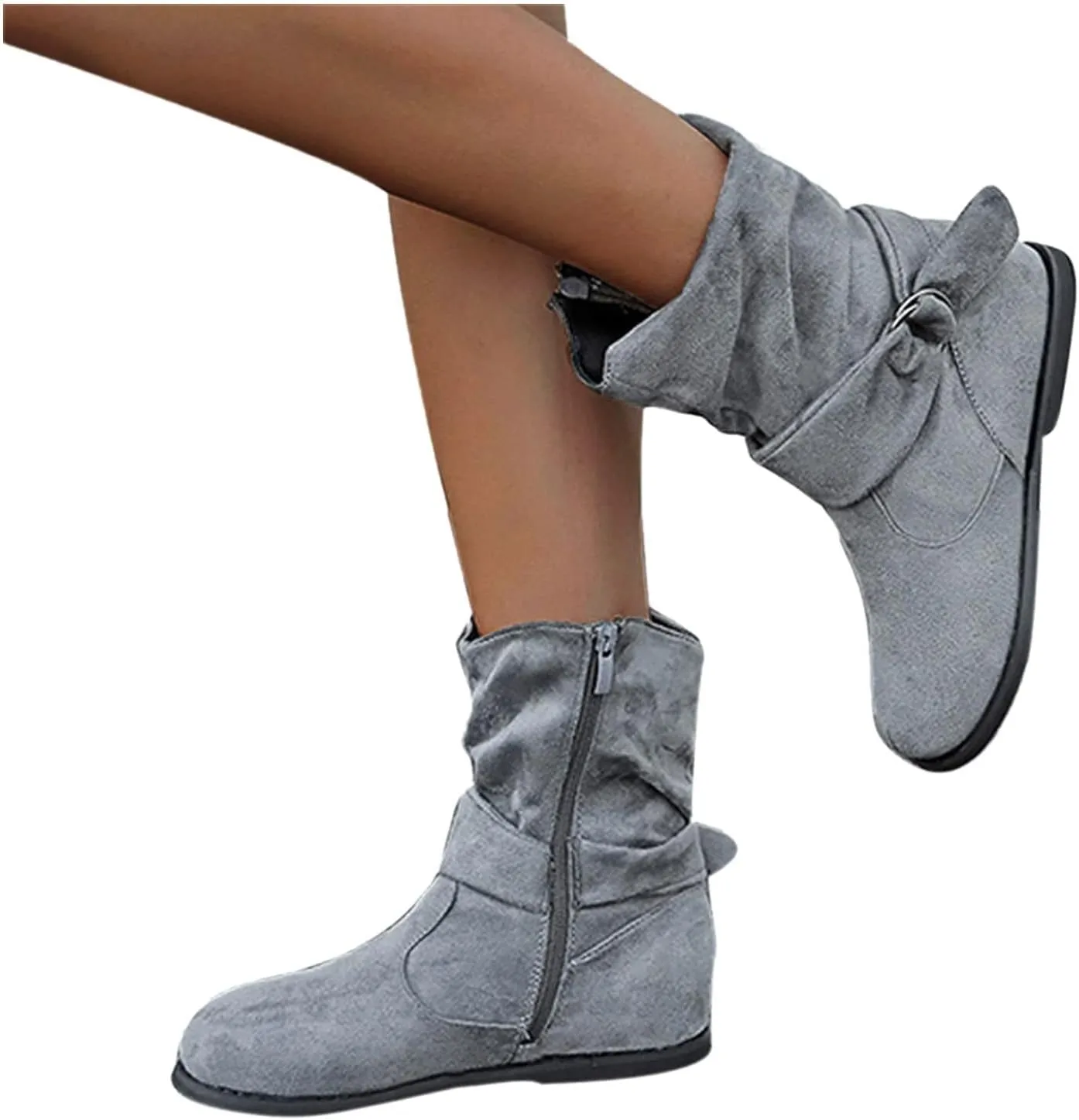 ZBYY Womens Mid-Calf Slouchy Suede Slip On Casual Boots with Side Zipper Fashion Comfort Outdoor Wedges Snow Boots