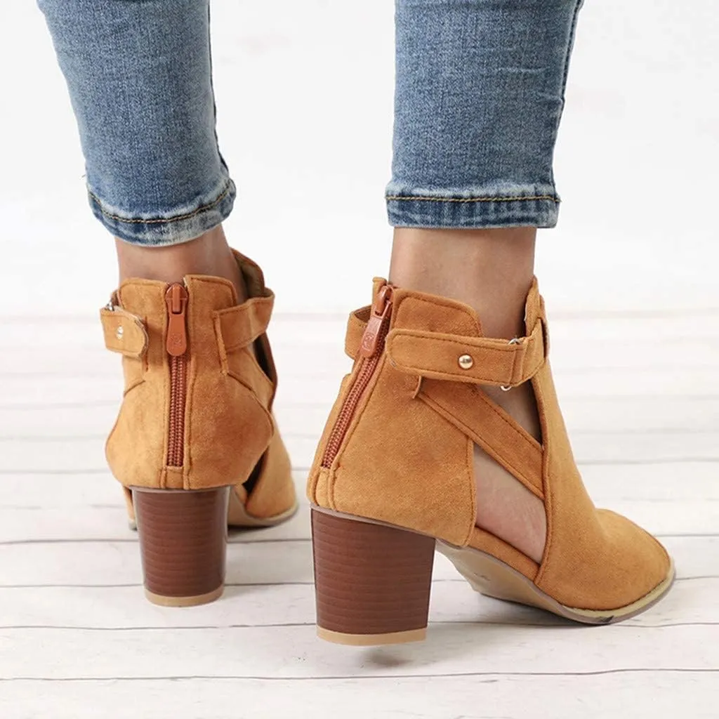 ZBYY Women's Suede Peep Toe Ankle Booties Cut Out Stacked Block Heel Ankle Boots Western Chelsea Booties for Women