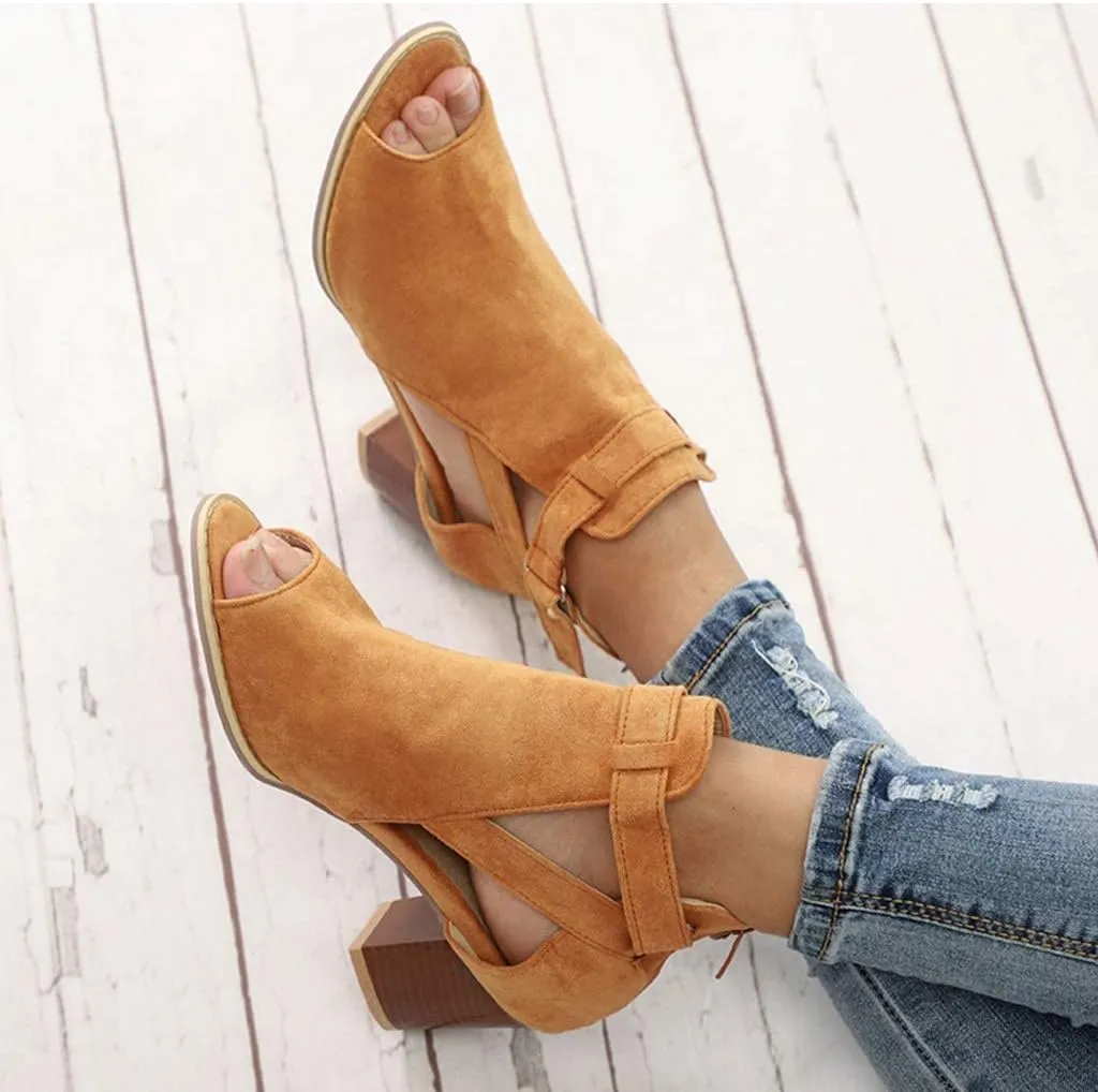 ZBYY Women's Suede Peep Toe Ankle Booties Cut Out Stacked Block Heel Ankle Boots Western Chelsea Booties for Women