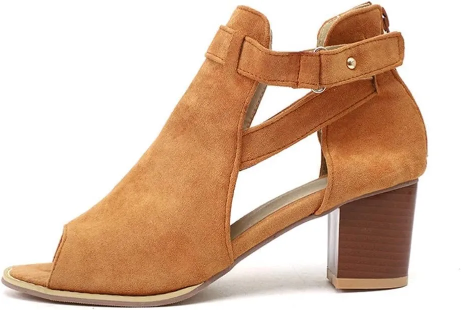 ZBYY Women's Suede Peep Toe Ankle Booties Cut Out Stacked Block Heel Ankle Boots Western Chelsea Booties for Women