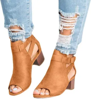 ZBYY Women's Suede Peep Toe Ankle Booties Cut Out Stacked Block Heel Ankle Boots Western Chelsea Booties for Women