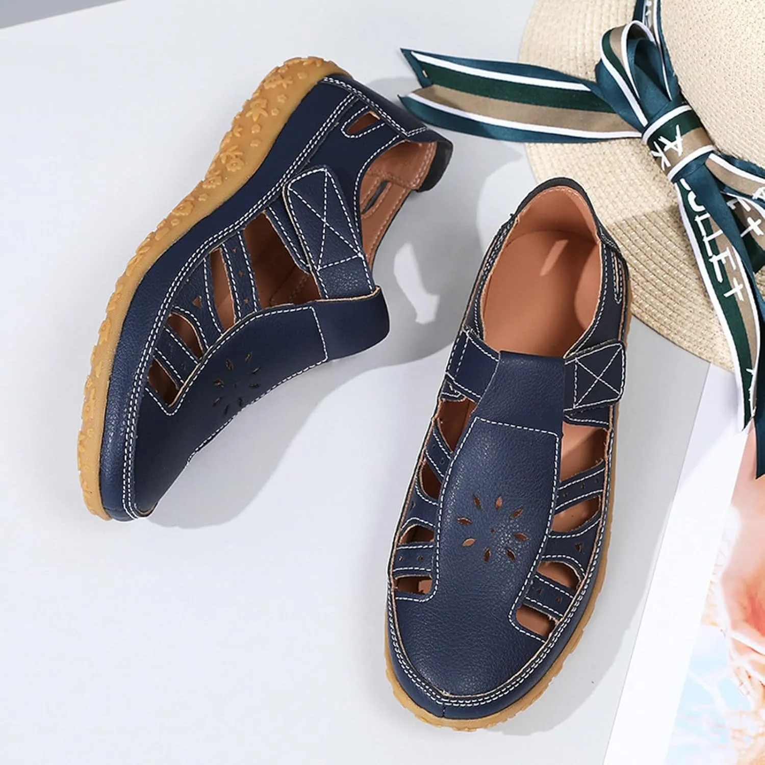ZSpzx Summer Sandals For Women 2025,Closed Toe Wedge Shoes Hollow Out Retro Soft Soled Casual Adjustable Slip On Walking Wedges Arch Support Bohe Cute Slides for Party Beach Vacation