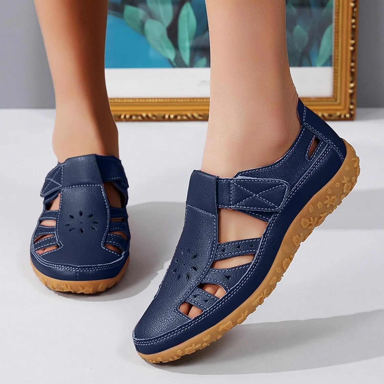 ZSpzx Summer Sandals For Women 2025,Closed Toe Wedge Shoes Hollow Out Retro Soft Soled Casual Adjustable Slip On Walking Wedges Arch Support Bohe Cute Slides for Party Beach Vacation