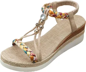 ZSpzx Women's T-Strap Wedge Sandal,Comfortable Open Toe Sandal Rhinestone Beaded Wedge Sandals Slip On Dressy Flat Arch Support Low Heel Elastic Ankle Strap Summer Womens Bohe Walking Beach Shoes