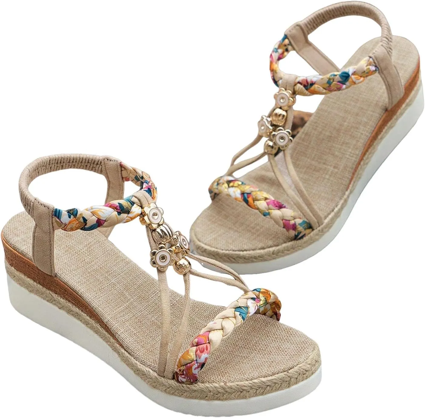 ZSpzx Women's T-Strap Wedge Sandal,Comfortable Open Toe Sandal Rhinestone Beaded Wedge Sandals Slip On Dressy Flat Arch Support Low Heel Elastic Ankle Strap Summer Womens Bohe Walking Beach Shoes