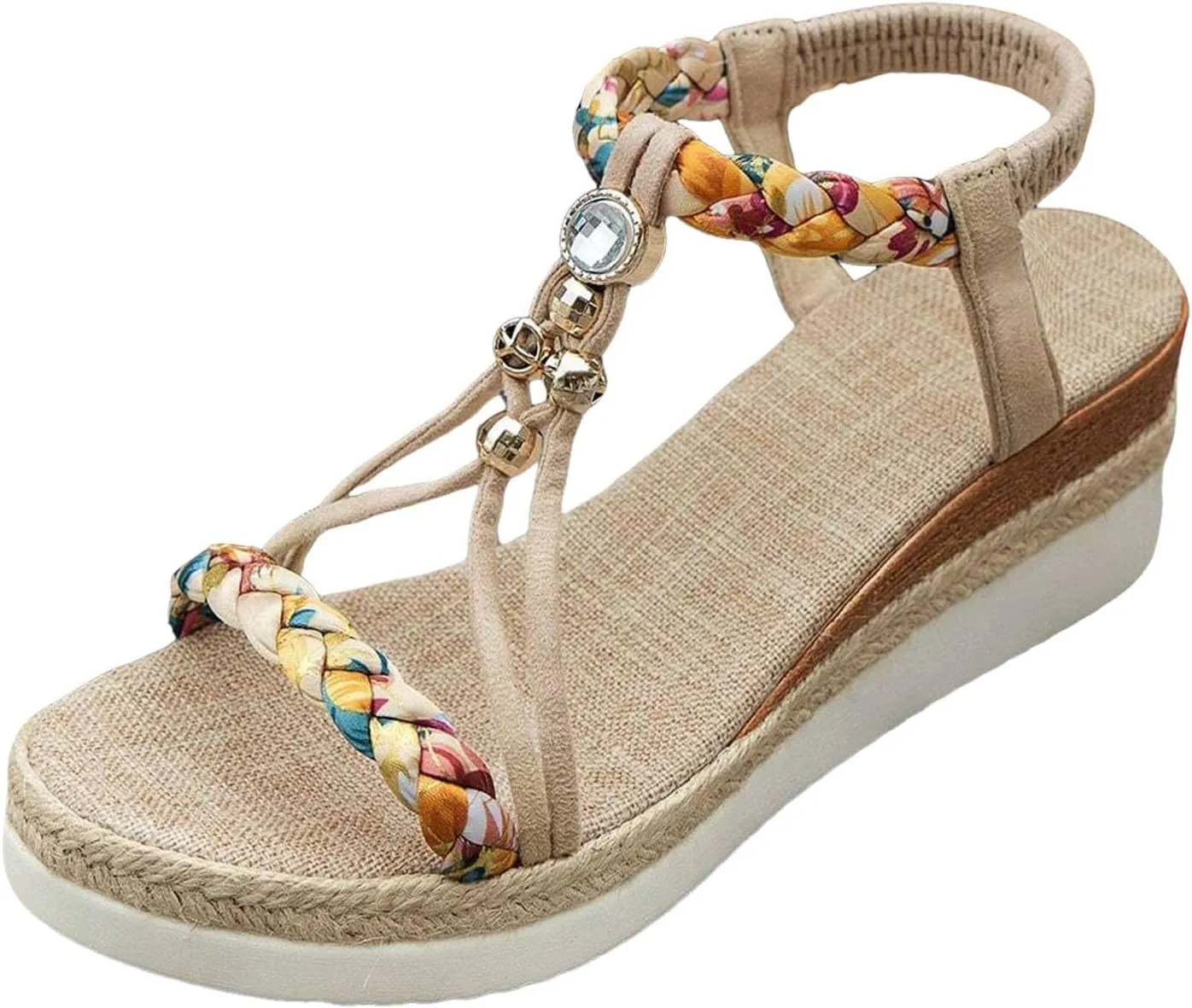 ZSpzx Women's T-Strap Wedge Sandal,Comfortable Open Toe Sandal Rhinestone Beaded Wedge Sandals Slip On Dressy Flat Arch Support Low Heel Elastic Ankle Strap Summer Womens Bohe Walking Beach Shoes